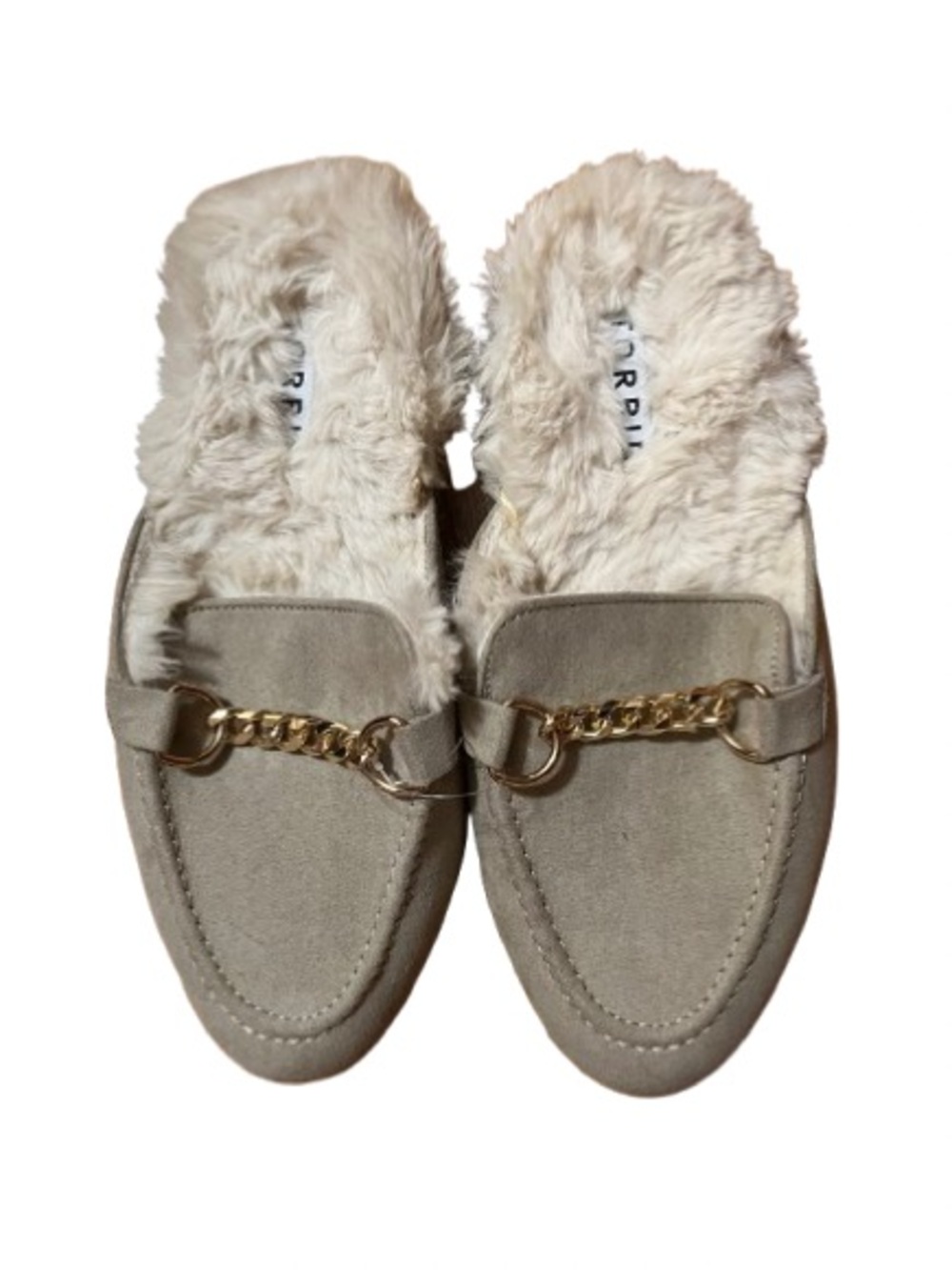 NWOT Torrid Beige Faux Fur-Lined Slip-On Mules Loafers with Gold Chain Size 7